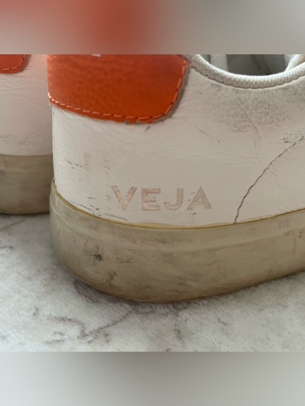 Veja White Leather Sneakers with Orange Accent - Picture 7 of 9